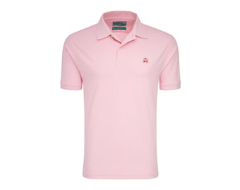 May include: A light pink polo shirt with short sleeves and a collared neckline. The shirt has a small embroidered logo on the chest. The shirt is made of a soft, breathable fabric, perfect for casual wear.