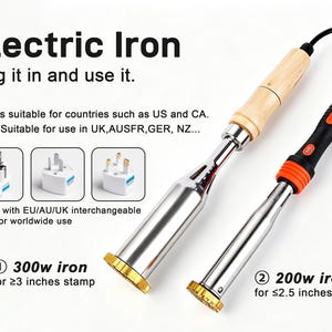 May include: Two electric branding irons with metallic heads and black power cords. One features a light wood handle, the other a black and orange grip. Text includes Electric Iron, 110V, 220V, 300w iron for 3 inches stamp, and 200w iron for 2.5 inches stamp.