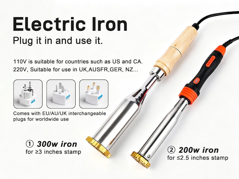 May include: Two electric branding irons with metallic heads and black power cords. One features a light wood handle, the other a black and orange grip. Text includes Electric Iron, 110V, 220V, 300w iron for 3 inches stamp, and 200w iron for 2.5 inches stamp.