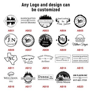 May include: A collection of twenty black and white circular, rectangular, and shaped logo designs labeled AB01 through AB20. The text Any Logo and design can be customized appears at the top. Each design features unique typography and graphic elements.