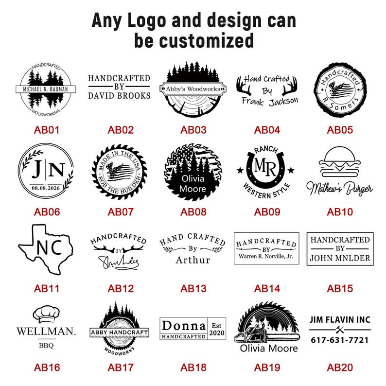 May include: A collection of twenty black and white circular, rectangular, and shaped logo designs labeled AB01 through AB20. The text Any Logo and design can be customized appears at the top. Each design features unique typography and graphic elements.