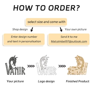 May include: An instructional graphic titled HOW TO ORDER with beige text boxes explaining the process. It shows a dragon logo transitioning from a sketch to a finished gold product, with instructions to select a size and provide a design or picture.