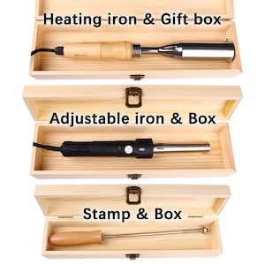 May include: Three wooden boxes containing tools: a heating iron with a light wood handle, an adjustable iron with a black handle and temperature dial, and a stamp with a light wood handle. Text labels read Heating iron & Gift box, Adjustable iron & Box, and Stamp & Box.