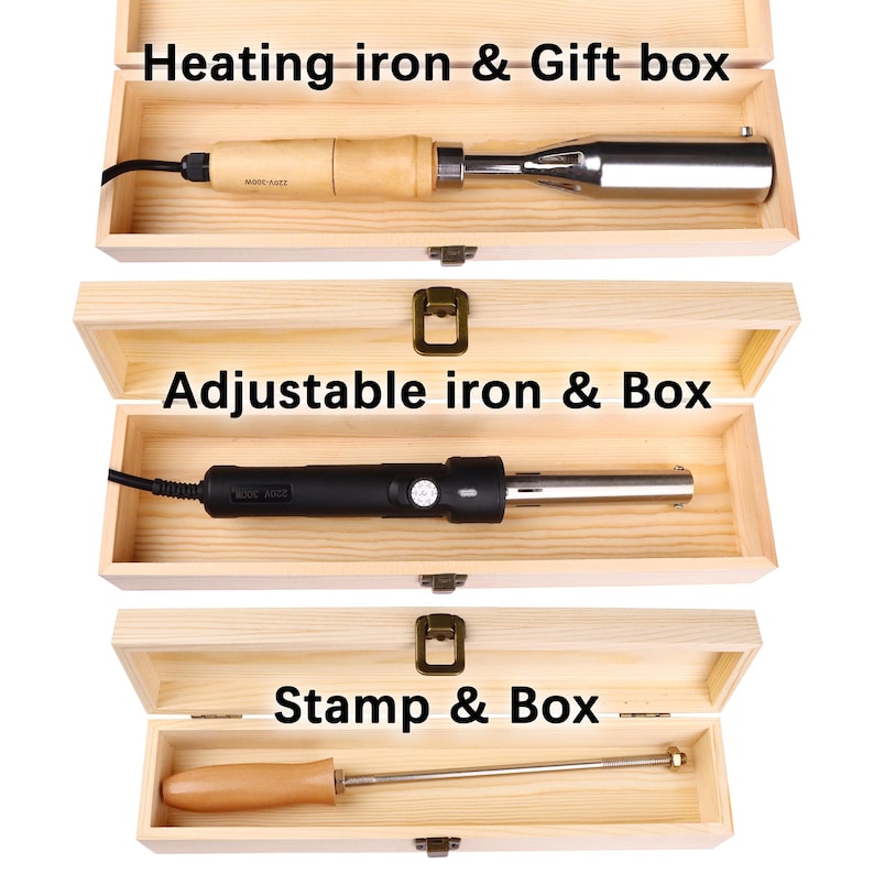 May include: Three wooden boxes containing tools: a heating iron with a light wood handle, an adjustable iron with a black handle and temperature dial, and a stamp with a light wood handle. Text labels read Heating iron & Gift box, Adjustable iron & Box, and Stamp & Box.