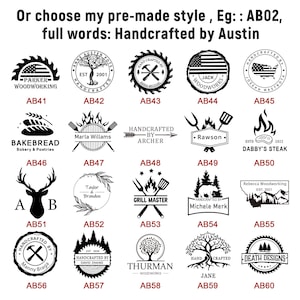 May include: A collection of twenty black and white circular and rectangular logo designs labeled AB41 through AB60. Each design features unique graphic elements such as trees, tools, animals, and text, presented as options for custom branding.