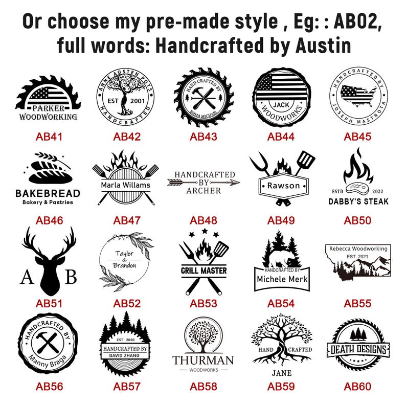 May include: A collection of twenty black and white circular and rectangular logo designs labeled AB41 through AB60. Each design features unique graphic elements such as trees, tools, animals, and text, presented as options for custom branding.