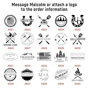 May include: A collection of twenty black graphic logo designs arranged in a grid, labeled AB21 through AB40. The designs feature various icons including horseshoes, grilling tools, trees, and flags, with text such as Message Malcolm or attach a logo.