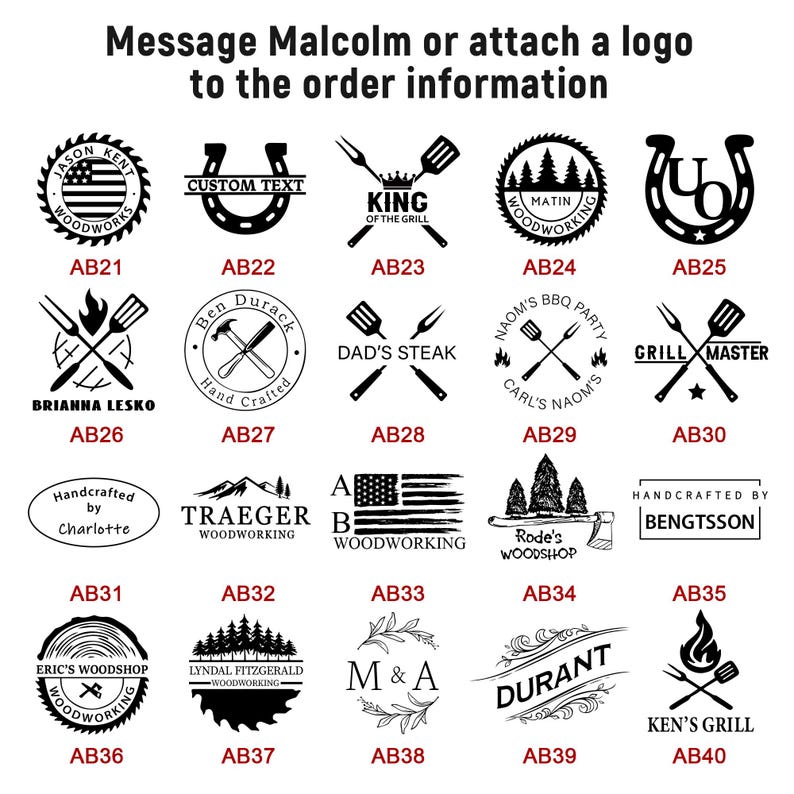 May include: A collection of twenty black graphic logo designs arranged in a grid, labeled AB21 through AB40. The designs feature various icons including horseshoes, grilling tools, trees, and flags, with text such as Message Malcolm or attach a logo.
