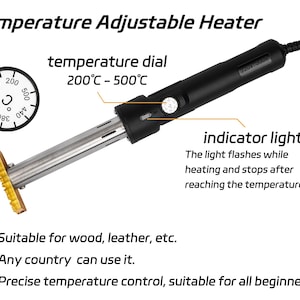 May include: A black temperature adjustable heater with a metallic heating element and a brass branding head. The device features a temperature dial ranging from 200&deg;C to 500&deg;C, an indicator light, and a power cord. Text includes Temperature Adjustable Heater.