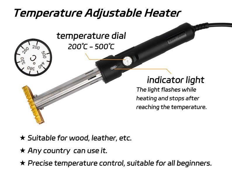 May include: A black temperature adjustable heater with a metallic heating element and a brass branding head. The device features a temperature dial ranging from 200&deg;C to 500&deg;C, an indicator light, and a power cord. Text includes Temperature Adjustable Heater.