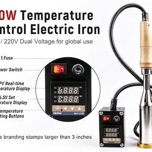 May include: A 300W temperature control electric iron with a wooden handle, a black control box featuring a digital display, and a flexible cord. The device includes a power switch, fuse, and buttons for temperature settings, fitting branding stamps larger than 3 inches.