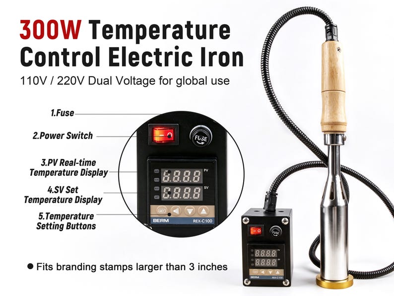 May include: A 300W temperature control electric iron with a wooden handle, a black control box featuring a digital display, and a flexible cord. The device includes a power switch, fuse, and buttons for temperature settings, fitting branding stamps larger than 3 inches.