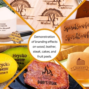 May include: A metal branding iron tool shown in a collage demonstrating its use on various surfaces including a white coconut, wood, brown leather, a yellow lemon, a cooked steak, and a light-colored bun, each featuring custom burned logos.