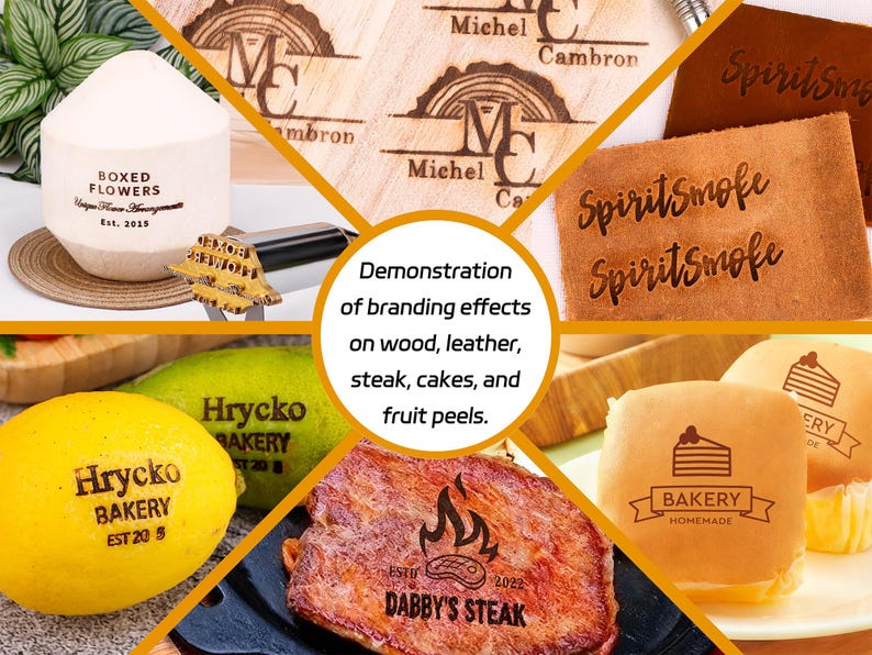 May include: A metal branding iron tool shown in a collage demonstrating its use on various surfaces including a white coconut, wood, brown leather, a yellow lemon, a cooked steak, and a light-colored bun, each featuring custom burned logos.