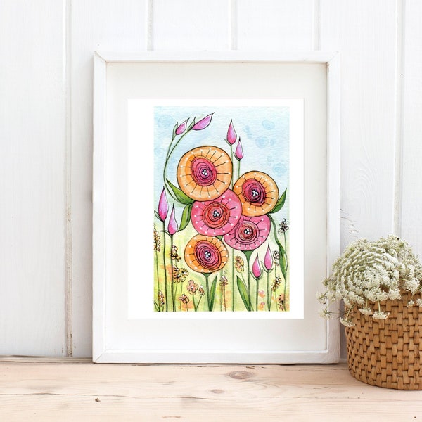 Mother's Day Gift.  Whimsical Flowers Watercolor Painting. Original Wall Art. Floral Painting. Whimsical Art.