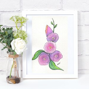 Hollyhock Flower Watercolor Painting. Original Wall Art. Floral Painting.