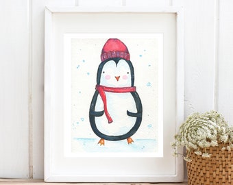 Watercolor Baby Penguin Painting Christmas Gift Nursery Wall Art Kids Room Decor Whimsical Woodland Penguin Art Original Penguin Art