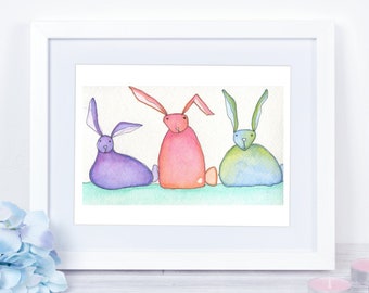 Watercolor Bunny Painting Bunny Wall Art. Nursery Wall Art Kids Room Decor. Whimsical Woodland Bunny Art Original Bunny Trio