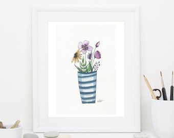 May include: A watercolor painting of a bouquet of flowers in a blue and white striped vase. The flowers are purple, pink, and yellow.