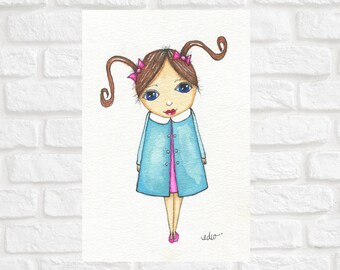 Watercolor Girl in Pigtails Painting Girl Wall Art. Girl Illustration Kids Room Decor. Whimsical Art Original Painting. Pigtail Girl