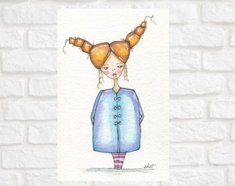 Watercolor Girl with Pigtails Painting Girl Wall Art. Girl Illustration Kids Room Decor. Whimsical Art Original Pigtail Nursery Wall Art