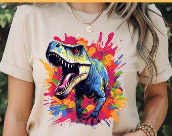 Watercolor Dinosaur, Vibrant T-Rex DTF Design, Colorful Dinosaur Print for DTF Transfers, T-Shirt DTF Design, Ready To Press, Direct to Film
