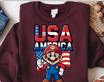USA America DTF Transfer, Patriotic Mario Style Character Dtf, American Flag Background Dtf, Fourth of July Cartoon DTF Design