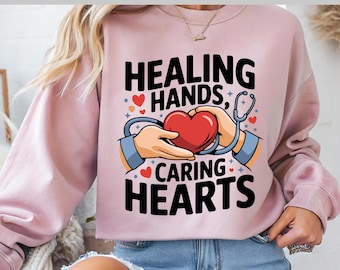 DTF de Trabajador de la Salud, DTF de Manos Sanadoras que Cuidan Corazones, Diseño de Estetoscopio de Corazón de Enfermera Médica, Transferencia DTF, Listo para Imprimir, Directo a Película