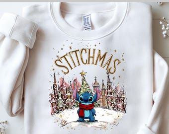 Stitch Christmas DTF, Stitchmas Holiday Transfer, Disney DTF, Cute Winter Stitch Print, Cozy Christmas Town Scene Ready to Press DTF