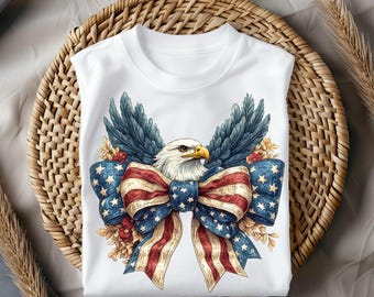 Transferencia DTF de lazo coqueto con águila patriótica, cinta de bandera estadounidense lista para planchar, calcomanía del 4 de julio