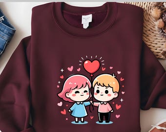Cute Couple Valentine DTF, Kawaii Love Scene, Sweet Heart Moment, Romantic Cartoon Style, Adorable Matching Pair, Direct to Film