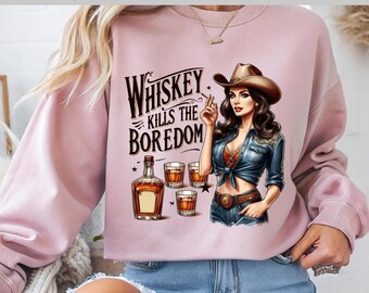 Whiskey Kills The Boredom (DTF): Vaquera audaz (DTF), Diseño de whisky (DTF), Western retro, Transferencia DTF, Listo para imprimir, Directo a película