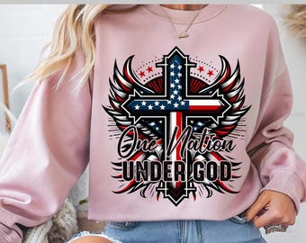 Transferencia DTF "Una Nación Bajo Dios", diseño de cruz con bandera estadounidense, impresión de alas patrióticas, prensa de calor cristiana, 4 de julio, lista para imprimir