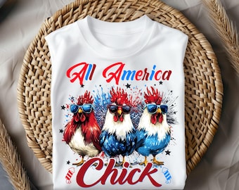Transferencia All American Chick DTF, Pollo Patriótico Listo para Presionar Transferencia de Calcomanía, Divertida Calcomanía para Camiseta del 4 de Julio de EE. UU.