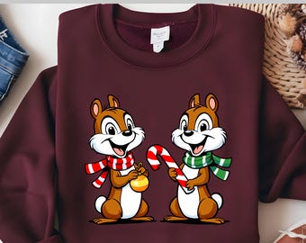 Chip and Dale Christmas DTF, Cute Holiday Candy Cane & Ornament Duo, Disney Chipmunk Winter Art, Ready to Press Xmas Transfer
