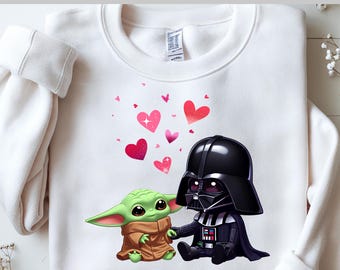 Star Wars Love DTF, Baby Yoda ve Vader Valentine Scene, Cute Chibi Heart Moment, Galaxy Couple Style, Sweet Love Vibes, Direct to Film