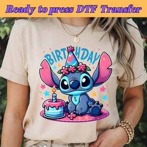 DTF Stitch Birthday, Party Stitch, Geburtstagskind DTF Design, Cute Stitch, Disney Charakter, DTF Transfer, bereit zum Pressen, direkt zum Film