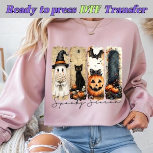 Vintage Halloween DTF Transfer, niedlicher Geist, schwarze Katze, Kürbis-Shirt-Design, gruselige ästhetische Transferpresse, Herbst Hexe Thema Druck