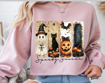 Vintage Halloween DTF Transfer, Cute Ghost, Black Cat, Pumpkin Shirt Design, Spooky Aesthetic Heat Press, Fall Witch Theme Print
