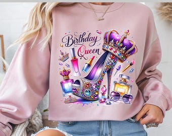 Birthday Queen DTF Transfer, Rhinestone High Heel, Crown, Glam Makeup, Perfume, Luxury Design, Heat Press Ready, Perfect for T-Shirts