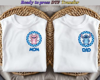 Personalized Stitch Mom Dad DTF Transfer, Custom Family Cartoon Ready To Press Heat Transfer, Matching Name Shirt Decal Print