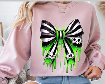 Horror Coquette Bow DTF, Neon Green Skull Hair Bow DTF, Dripping Slime Gothic Ribbon, Creepy Cute Halloween, Ready To Press, Direct to Film