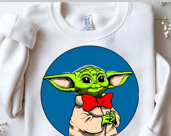 Star Wars Baby Yoda Bow Tie DTF, Cute Green Alien DTF, Red Bow Style, Classic Cartoon Look, Sweet Pose Trend, Ready to Press DTF Transfer