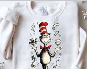 Dr. Seuss Cat Hat DTF, Funny Juggling Look DTF, Classic Red Bow Style, Playful Kids Trend, Whimsical Cartoon Theme, Ready to Press