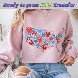 Coquette Bow USA DTF, Patriotic Bows Heat Transfer, Red White Blue Cute Dtf Print, 4th of July Ready to Press, Kawaii America DTF Design