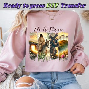 On zmartwychwstał DTF, chrześcijański projekt wielkanocny DTF, projekt koszulki Jezus zmartwychwstały krzyż DTF, transfer DTF, gotowy do druku, bezpośrednio do filmu