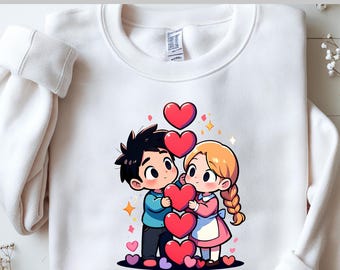 Cute Couple Love DTF, Sweet Chibi Valentine Moment, Adorable Heart Tower Scene, Romantic Cute Style DTF, Soft Pastel Love Vibes