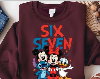 Six Seven DTF, Mickey Minnie Stitch Donald Mix DTF, Cute Cartoon Friends Theme, Trend Kids Look, Playful Character Fun, Bright Color Vibes