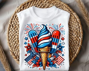 Estampado de transferencia térmica "America Taste Like Freedom" (Estados Unidos sabe a libertad), diseño de helado patriótico listo para planchar, calcomanía para camiseta del 4 de julio.