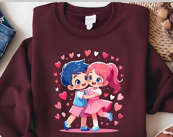 Cute Couple DTF, Valentine Love Scene, Sweet Heart Moment, Adorable Pink Romance DTF, Chibi Style Lovers, Happy Cute Couple Hug